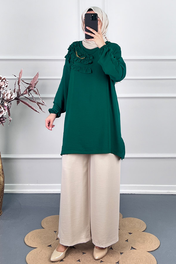 Fırfırlı Zincirli Tunik - Zümrüt Yeşili