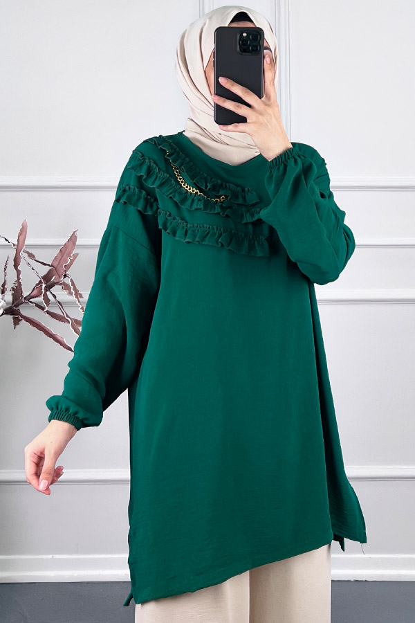 Fırfırlı Zincirli Tunik - Zümrüt Yeşili