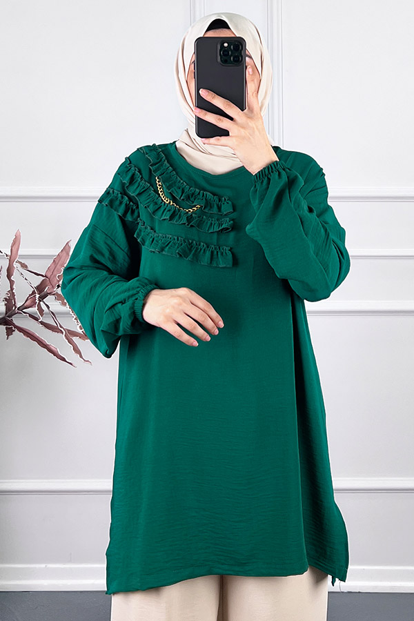 Fırfırlı Zincirli Tunik - Zümrüt Yeşili
