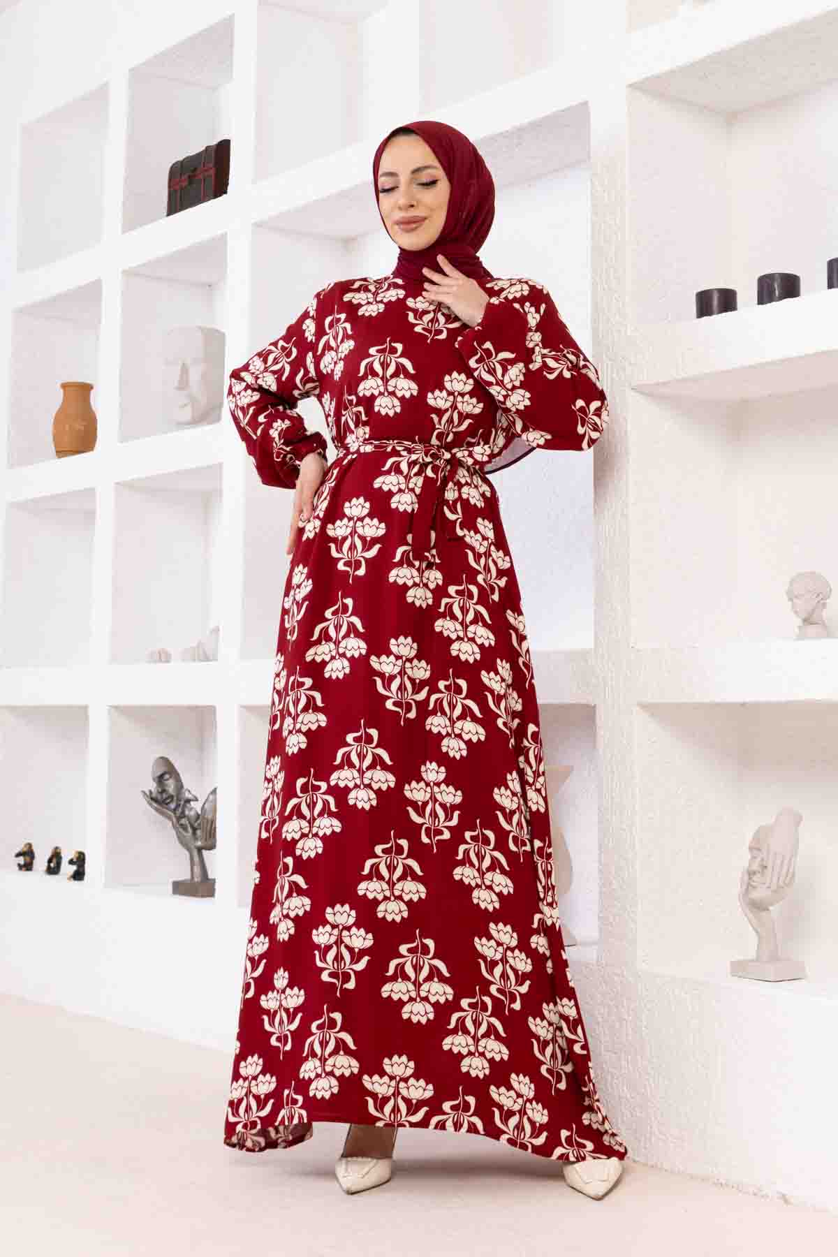 Floral Desenli Elbise - Bordo