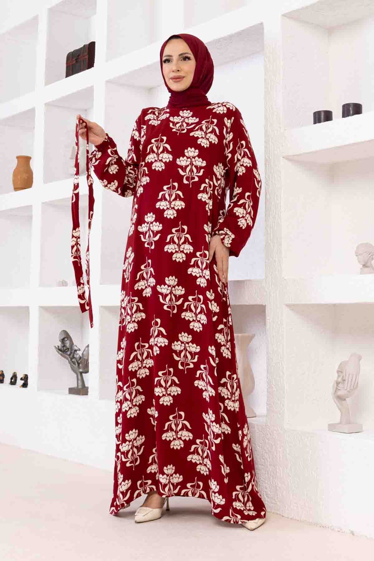 Floral Desenli Elbise - Bordo