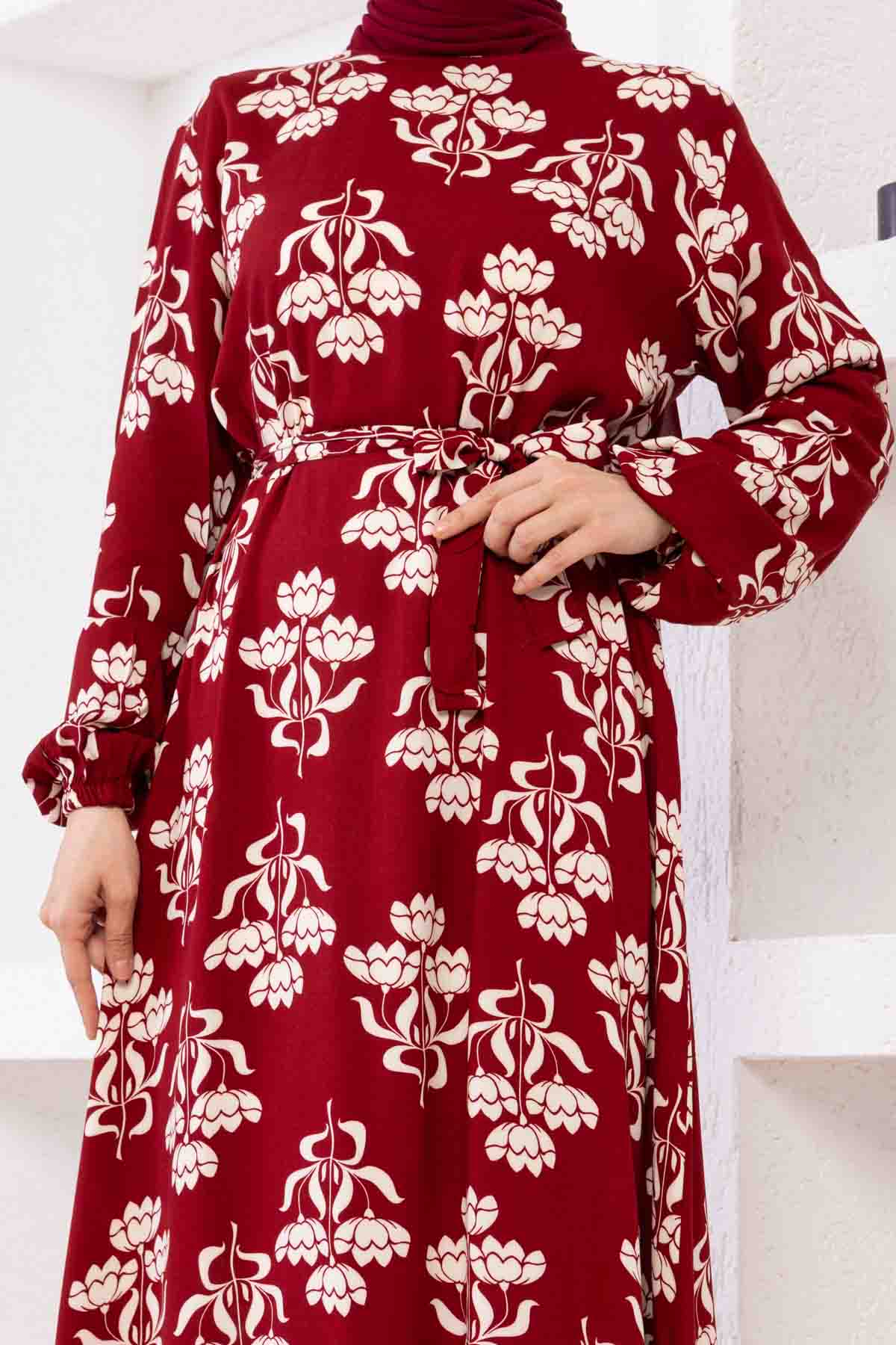 Floral Desenli Elbise - Bordo