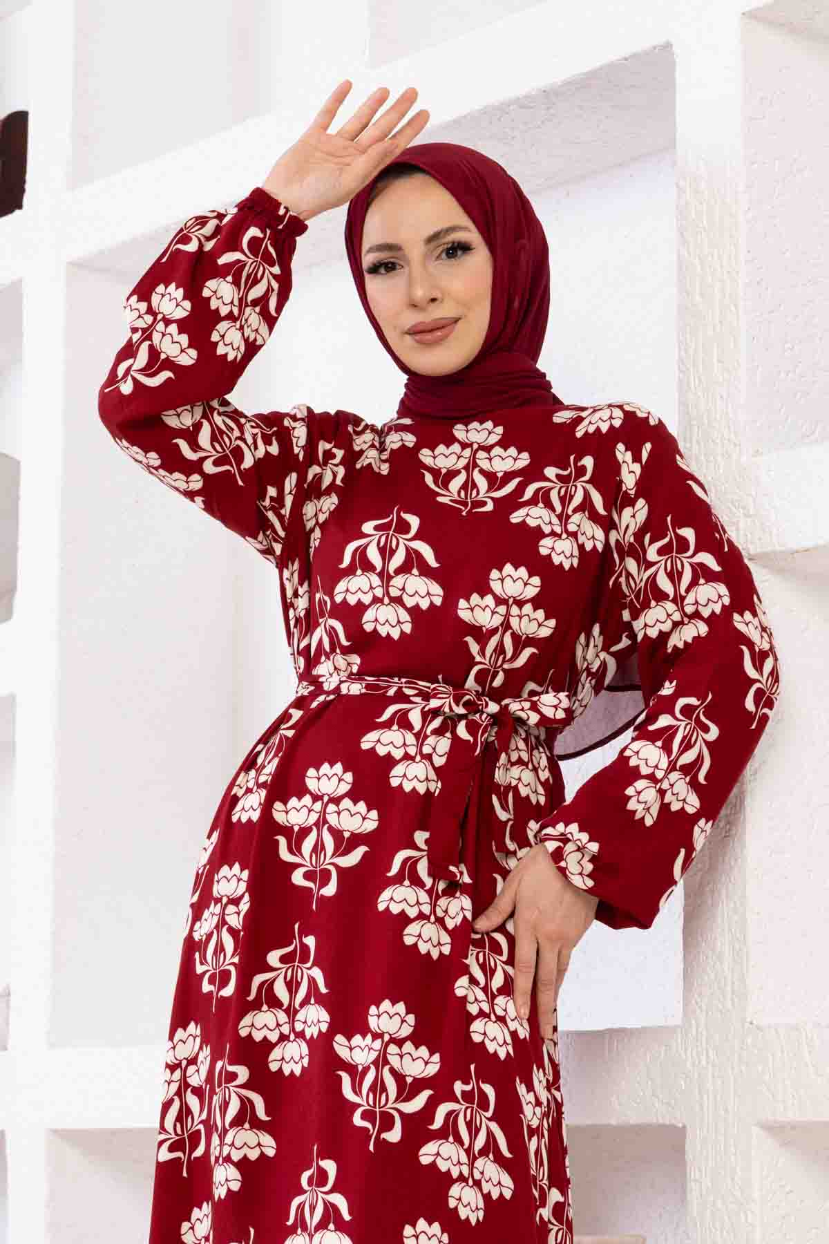 Floral Desenli Elbise - Bordo