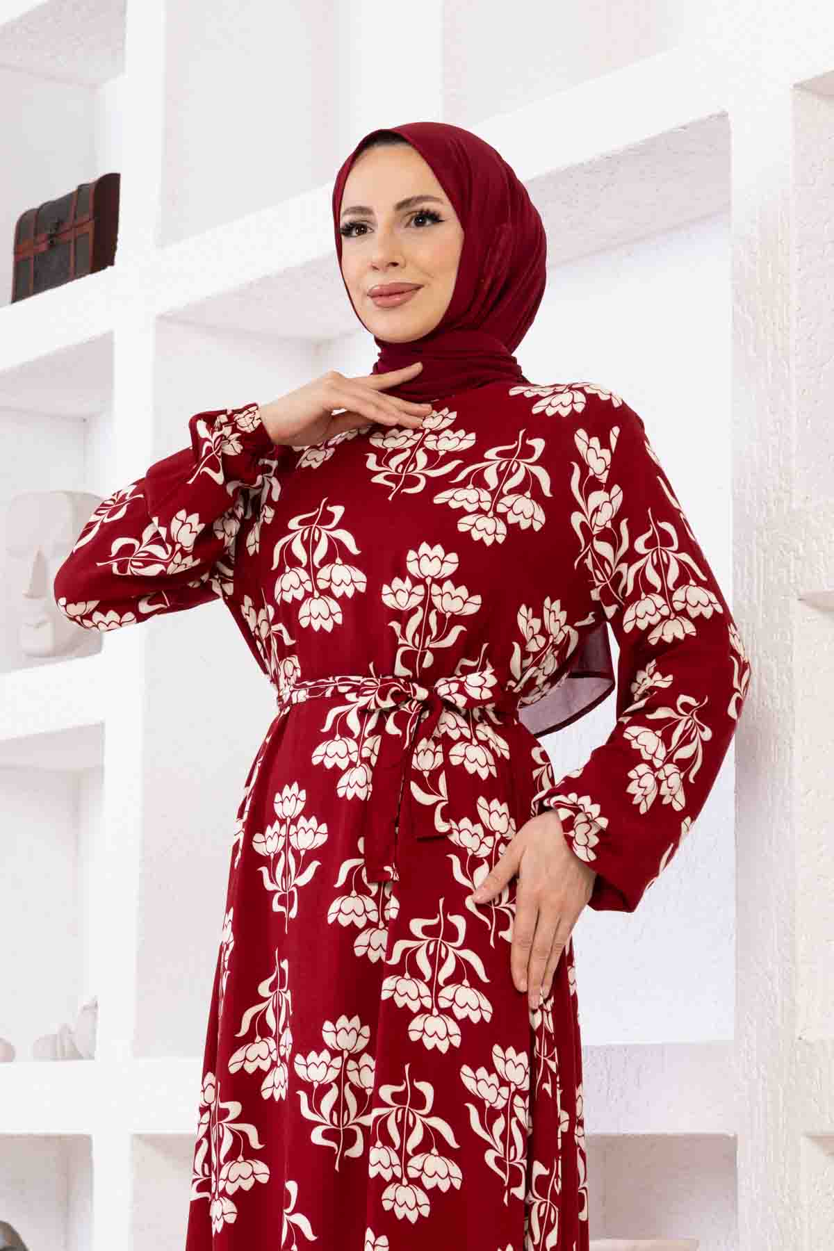 Floral Desenli Elbise - Bordo