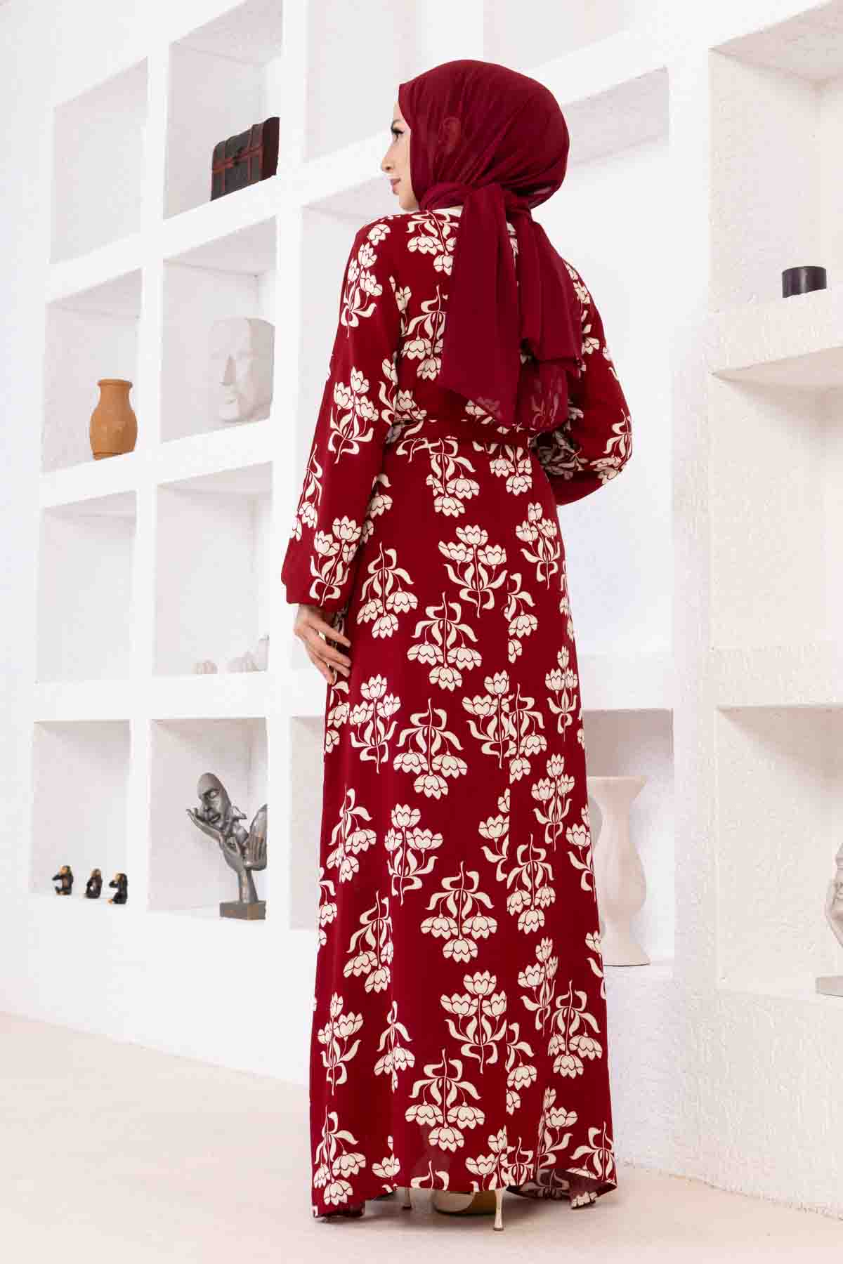 Floral Desenli Elbise - Bordo