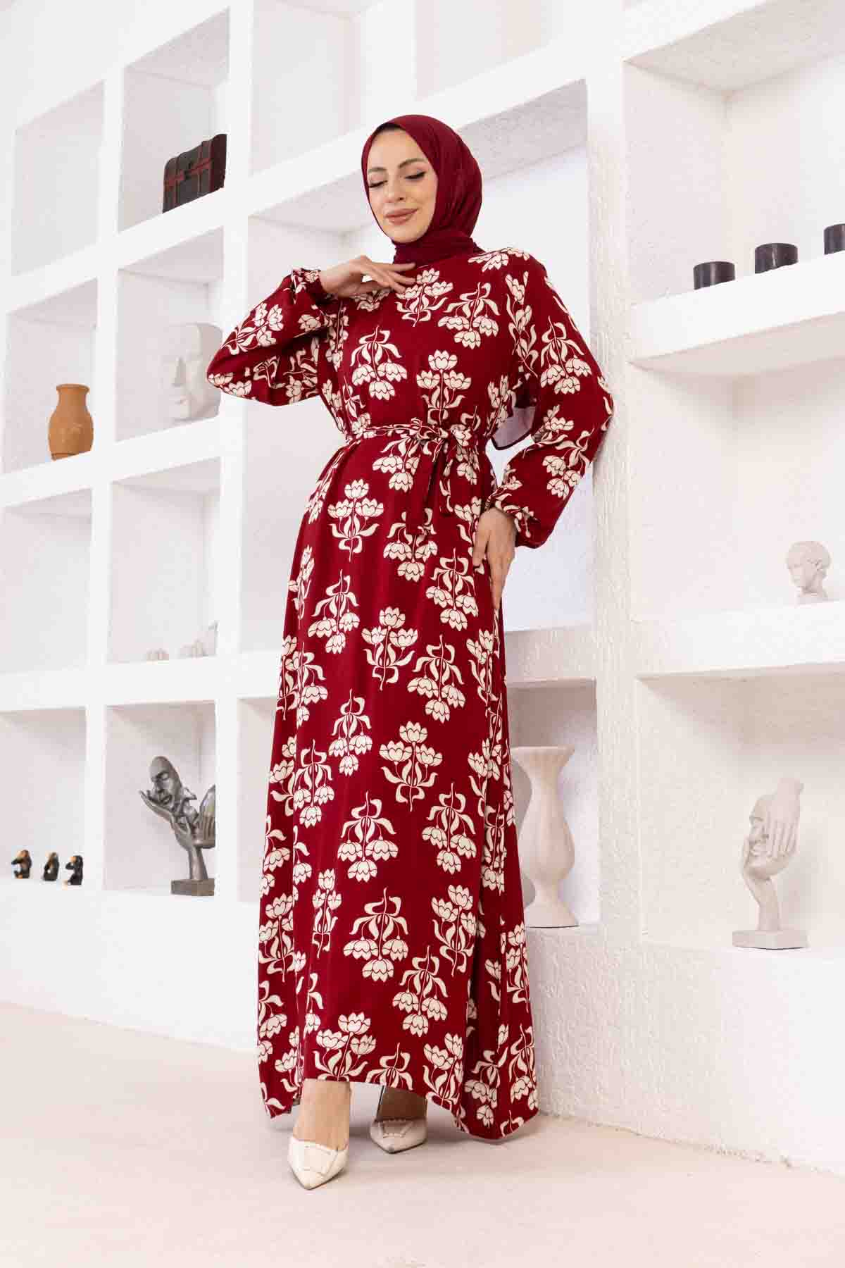 Floral Desenli Elbise - Bordo