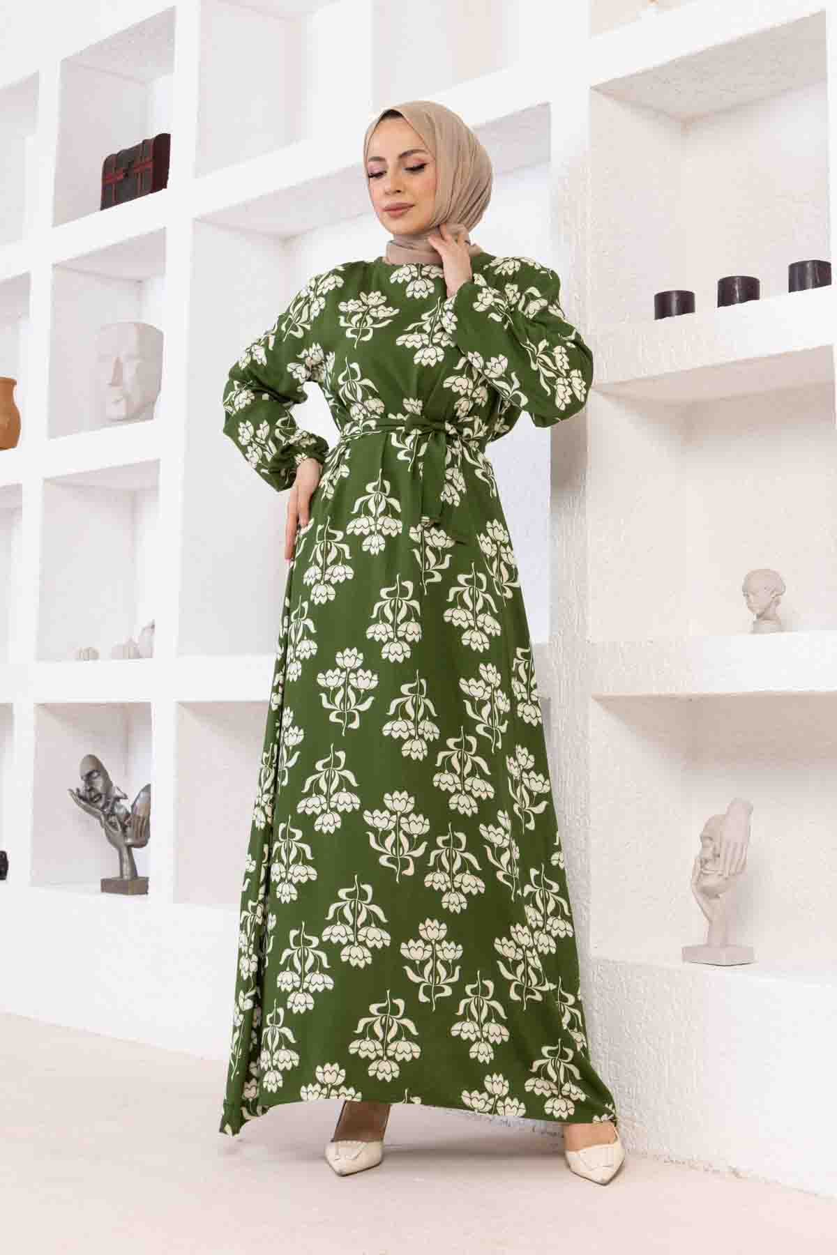 Floral Desenli Elbise - Haki