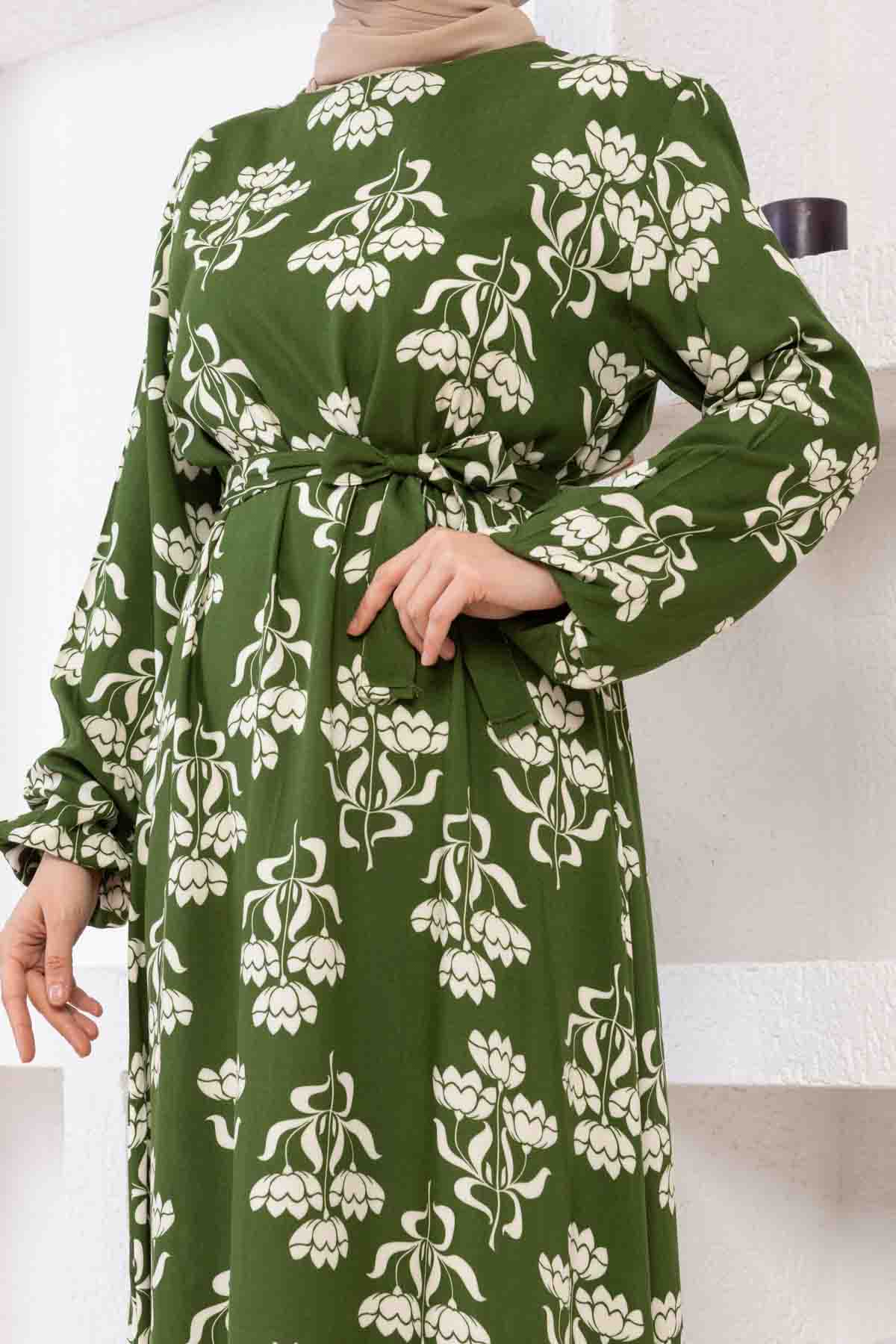 Floral Desenli Elbise - Haki