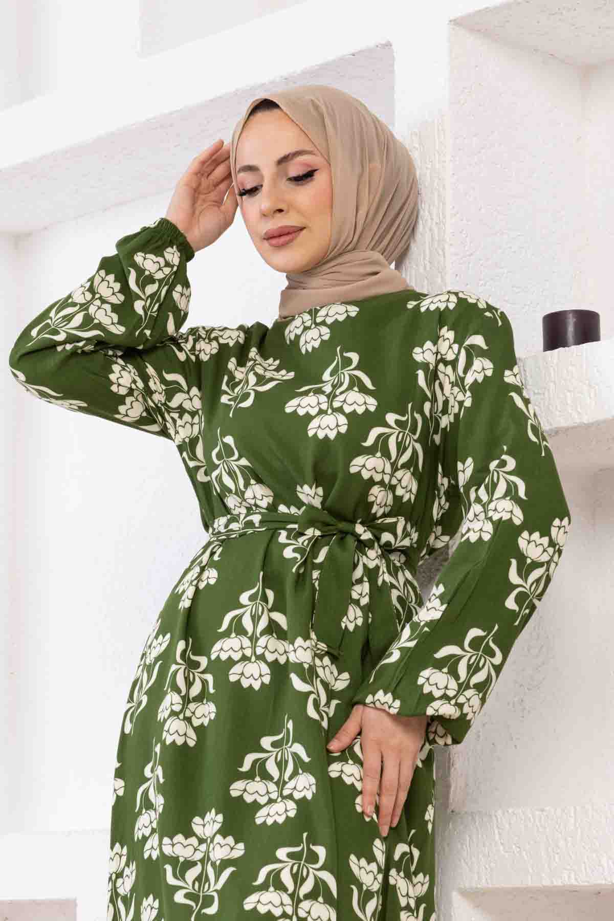Floral Desenli Elbise - Haki