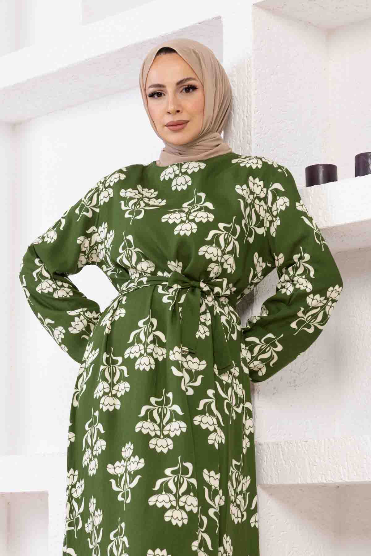 Floral Desenli Elbise - Haki