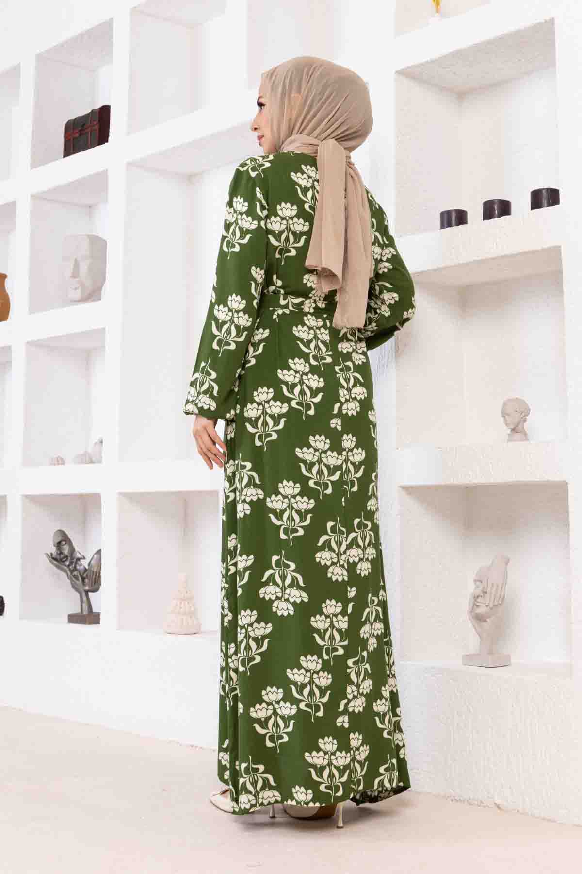 Floral Desenli Elbise - Haki