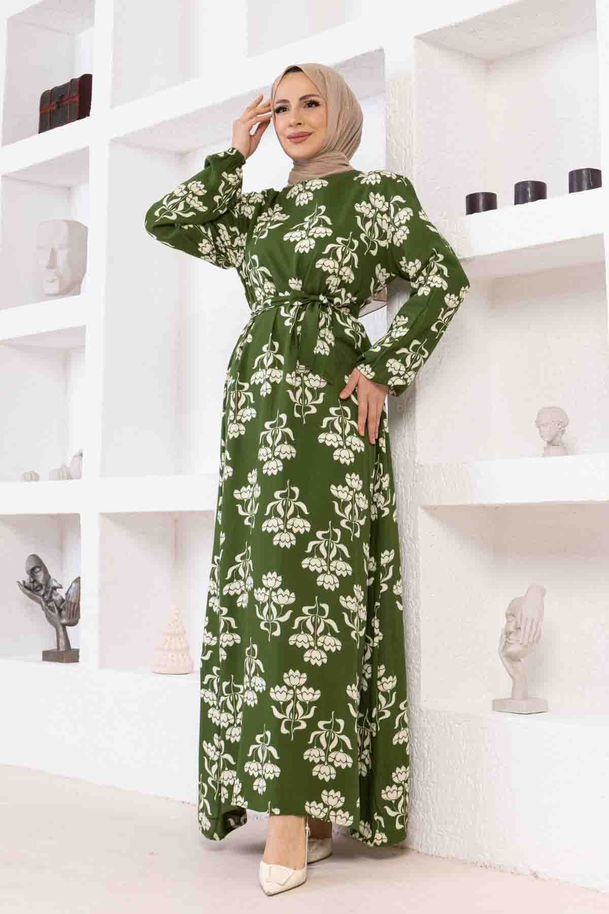 Floral Desenli Elbise - Haki