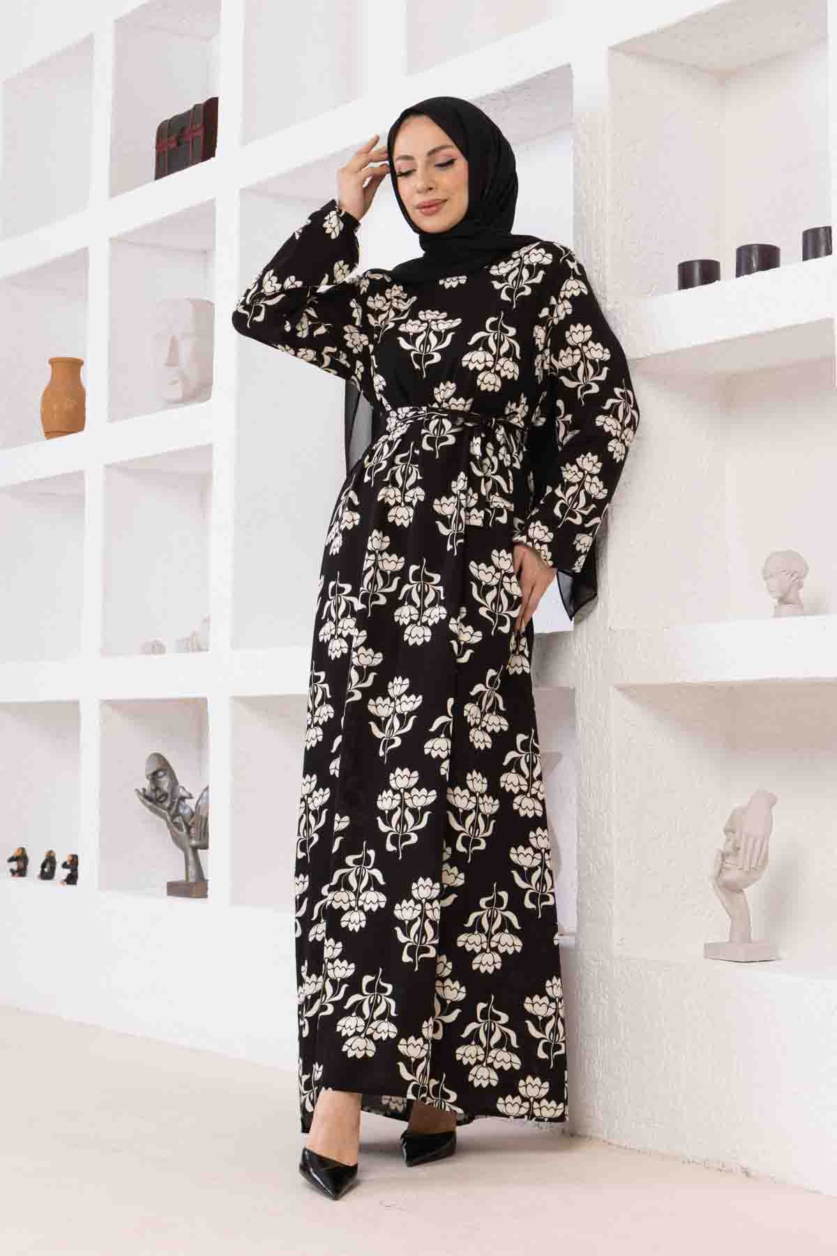 Floral Desenli Elbise - Siyah
