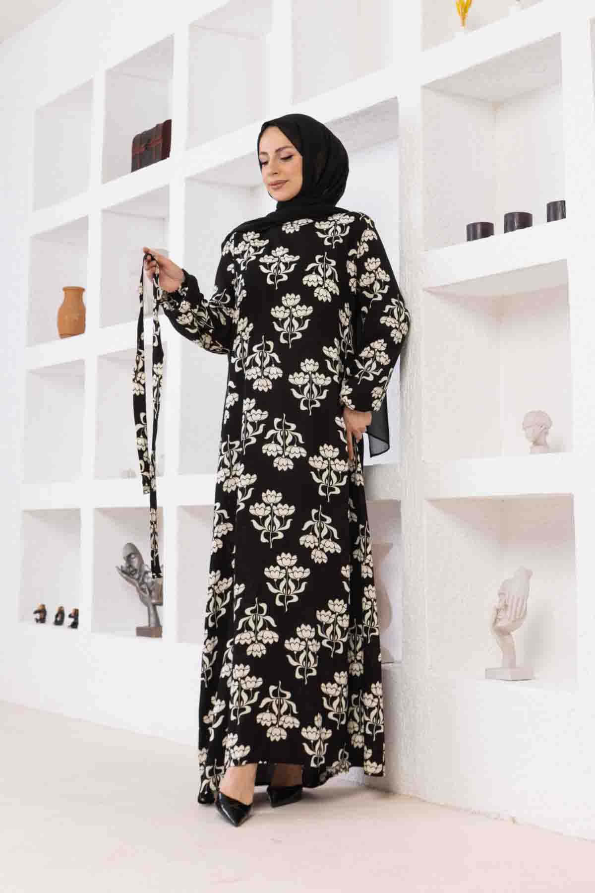 Floral Desenli Elbise - Siyah