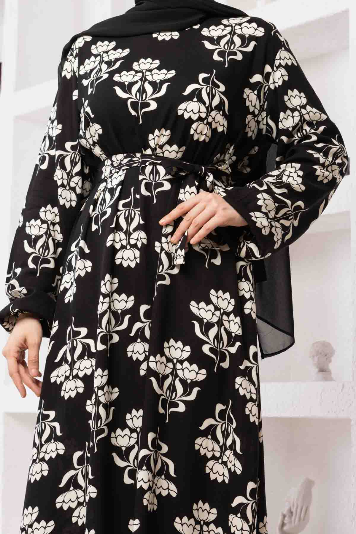 Floral Desenli Elbise - Siyah