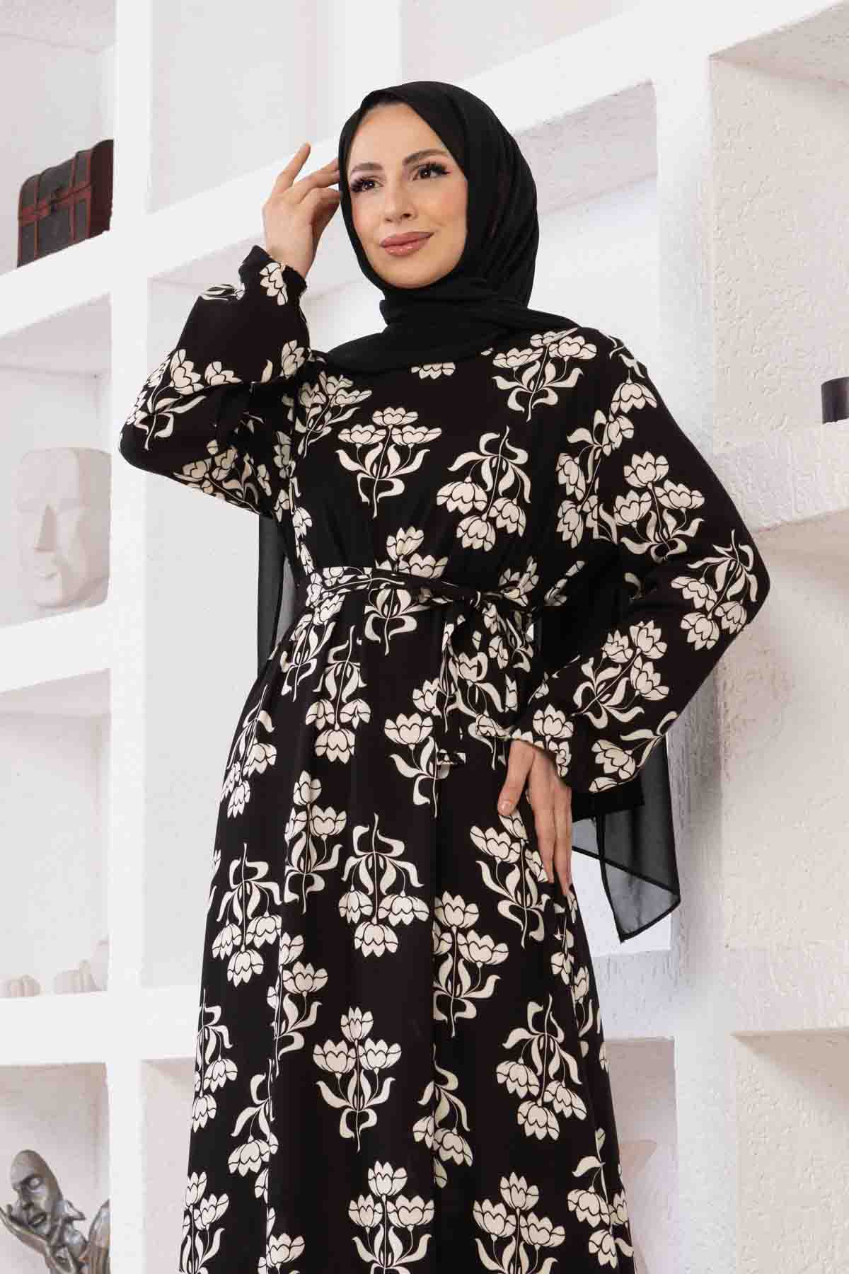 Floral Desenli Elbise - Siyah