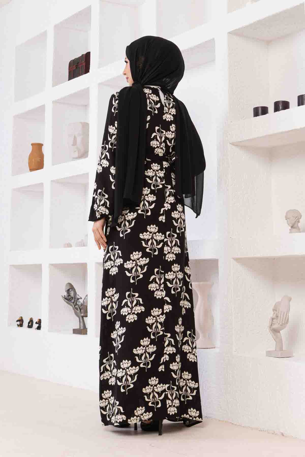 Floral Desenli Elbise - Siyah