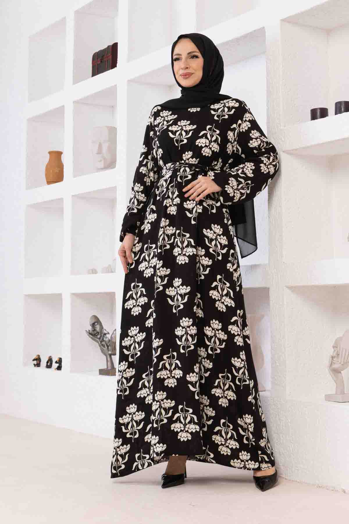 Floral Desenli Elbise - Siyah