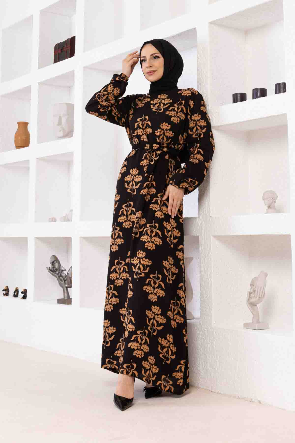 Floral Desenli Elbise - Vizon