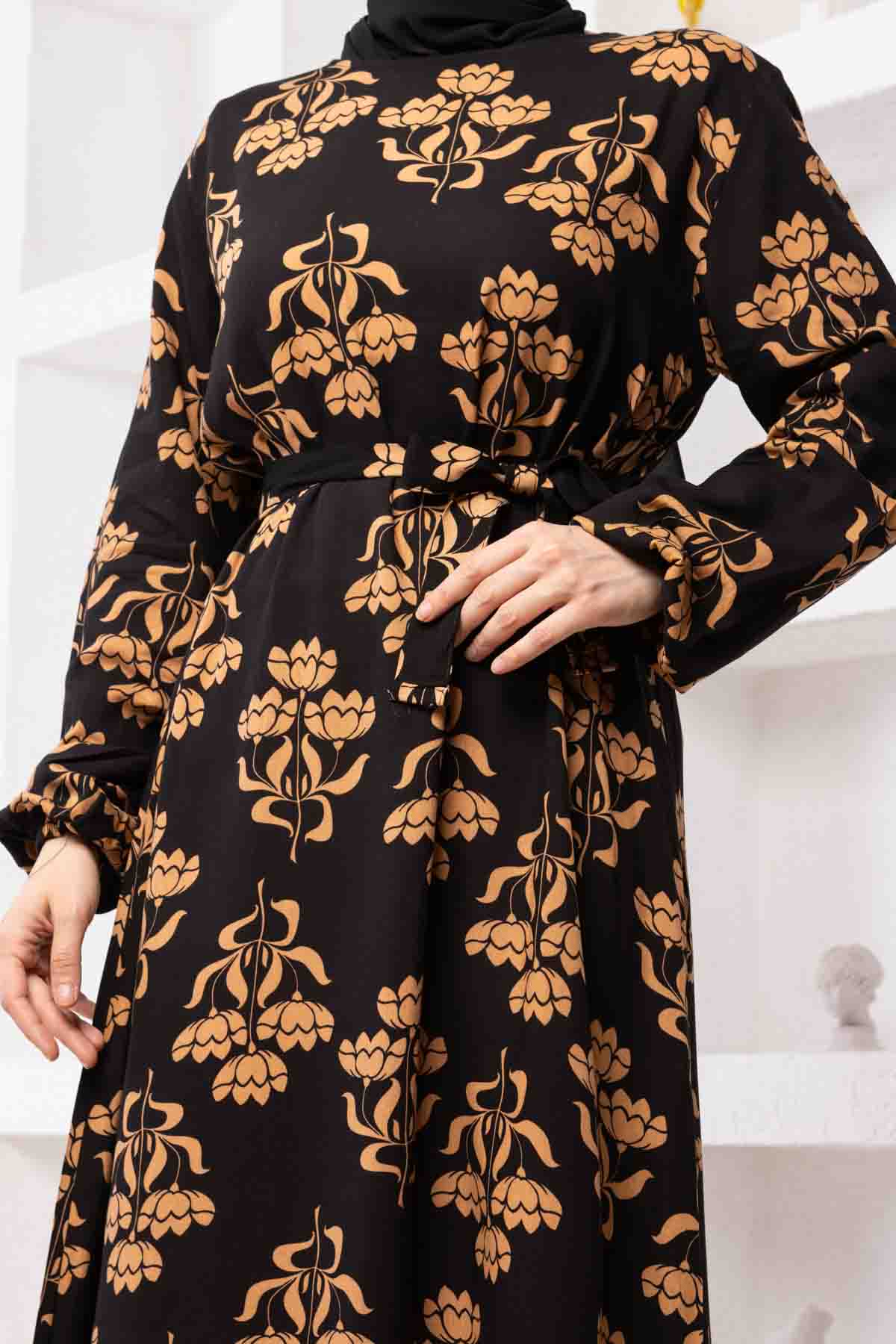 Floral Desenli Elbise - Vizon