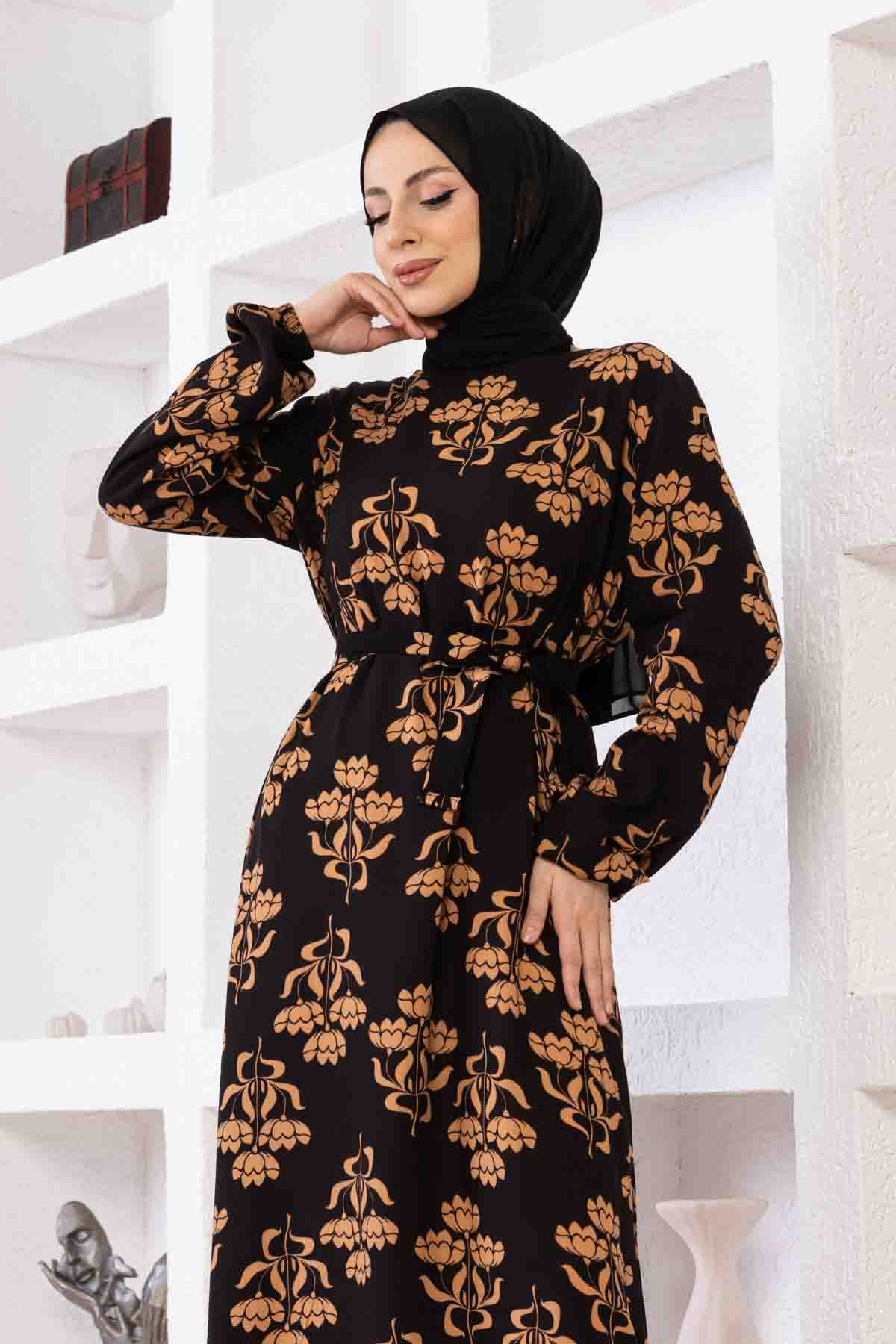 Floral Desenli Elbise - Vizon