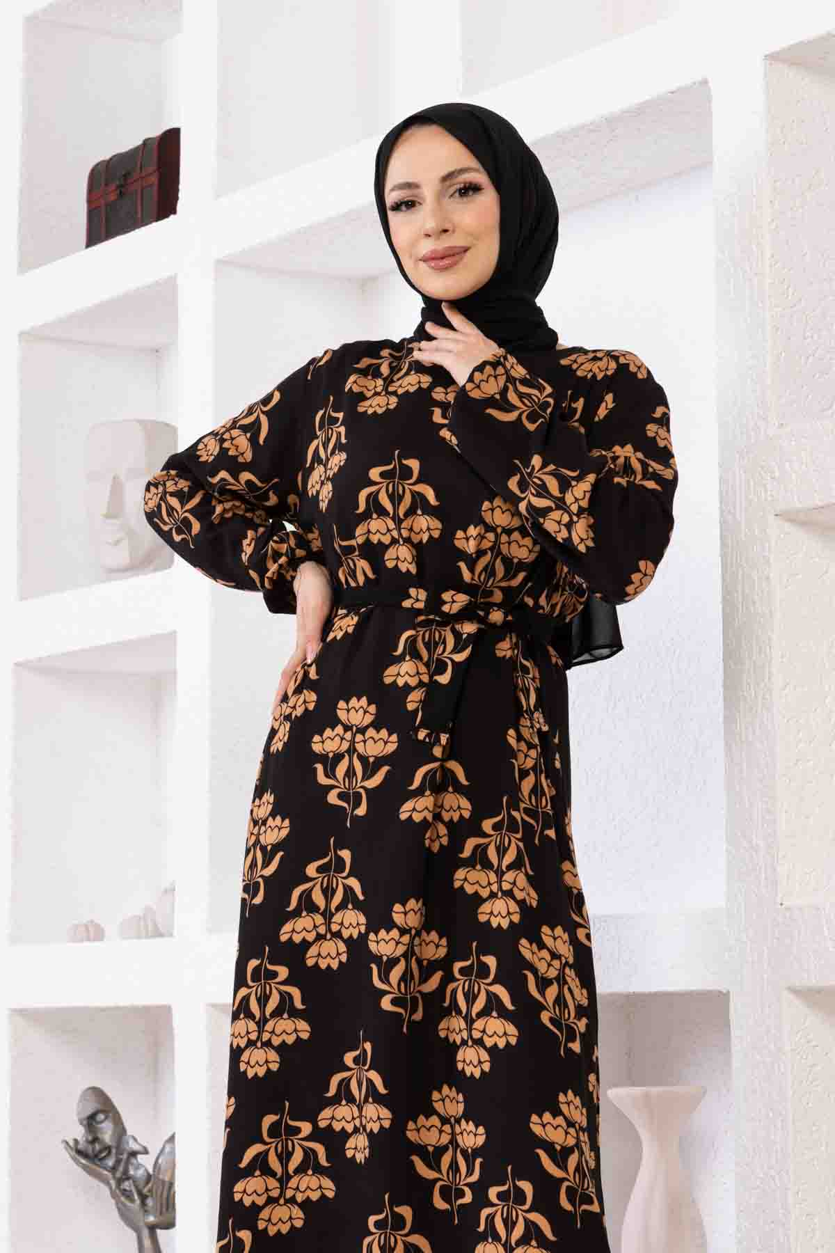 Floral Desenli Elbise - Vizon