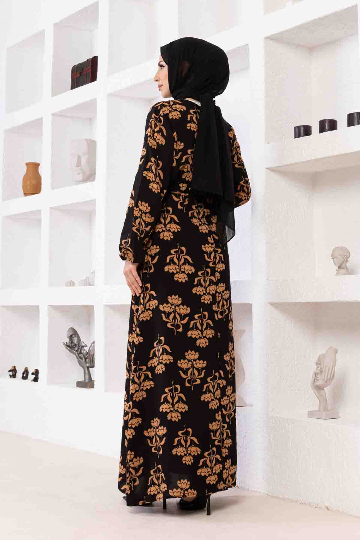 Floral Desenli Elbise - Vizon