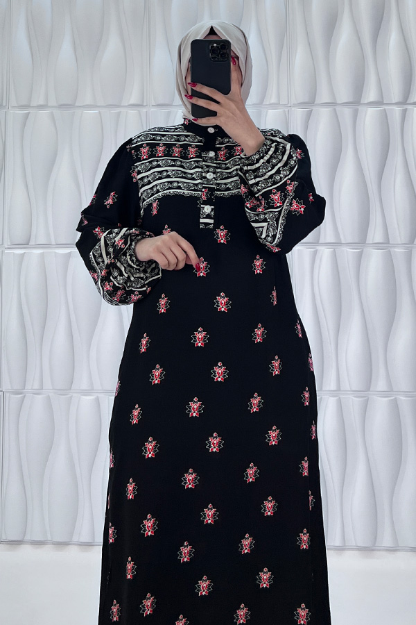 Garnili Pamuk Viskon Elbise - Siyah