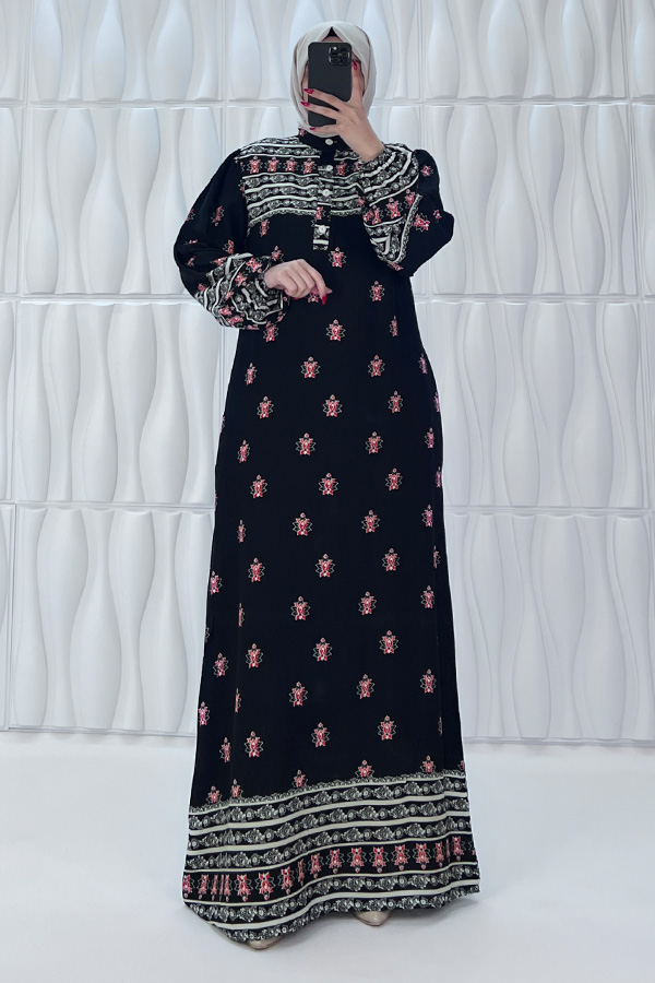 Garnili Pamuk Viskon Elbise - Siyah