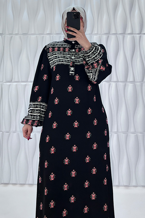 Garnili Pamuk Viskon Elbise - Siyah