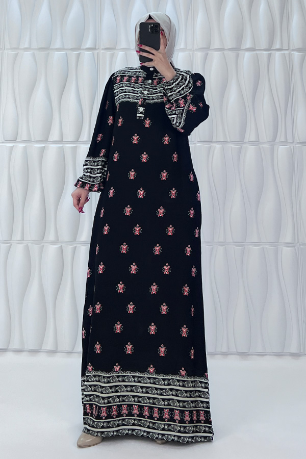 Garnili Pamuk Viskon Elbise - Siyah