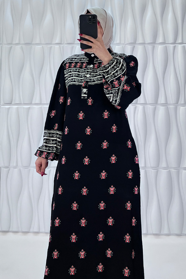 Garnili Pamuk Viskon Elbise - Siyah