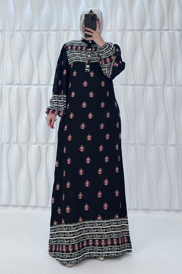 Garnili Pamuk Viskon Elbise - Siyah