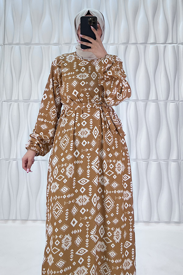 Geometri Desenli Elbise - Taş