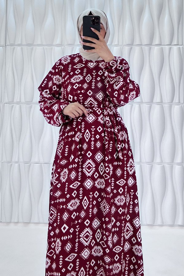 Geometri Desenli Elbise - Bordo