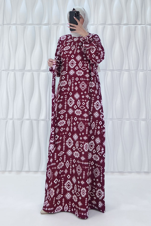 Geometri Desenli Elbise - Bordo