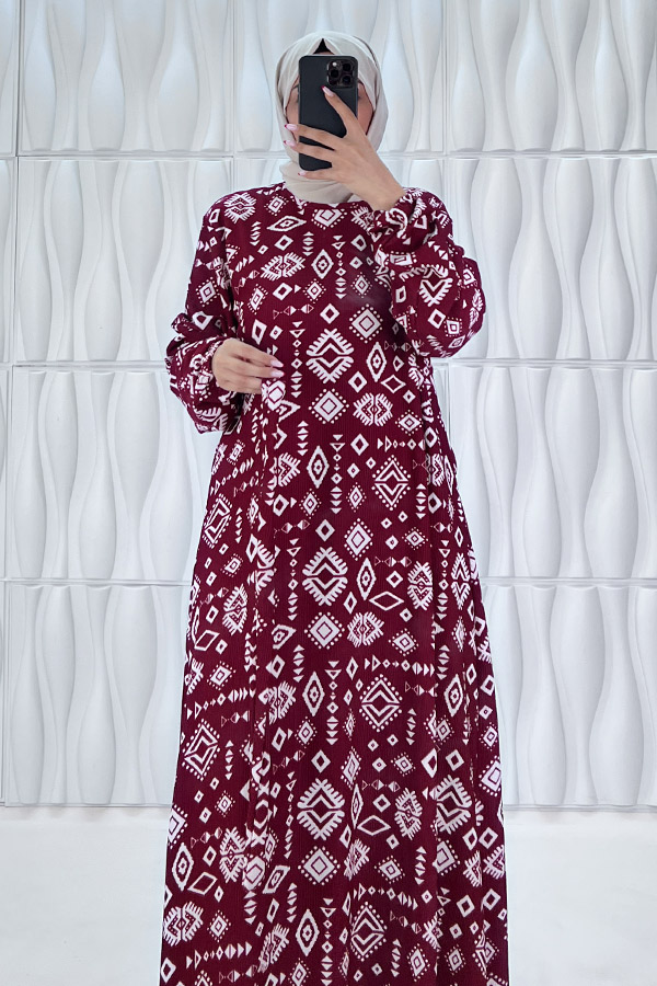 Geometri Desenli Elbise - Bordo