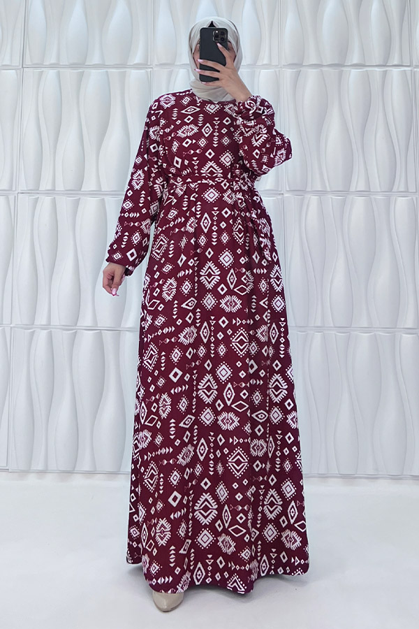 Geometri Desenli Elbise - Bordo