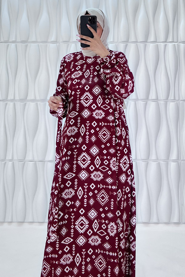 Geometri Desenli Elbise - Bordo