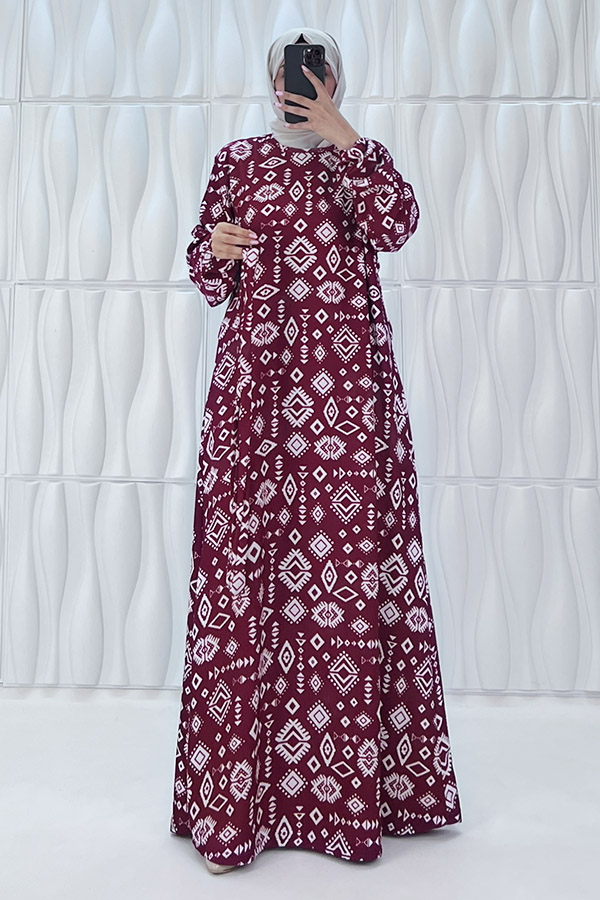 Geometri Desenli Elbise - Bordo