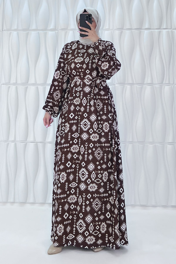 Geometri Desenli Elbise - Kahverengi Geometri Desenli Elbise - Kahverengi