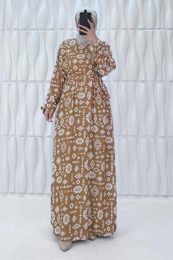Geometri Desenli Elbise - Taş