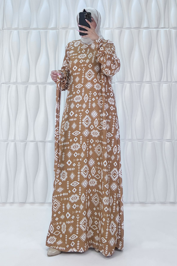 Geometri Desenli Elbise - Taş