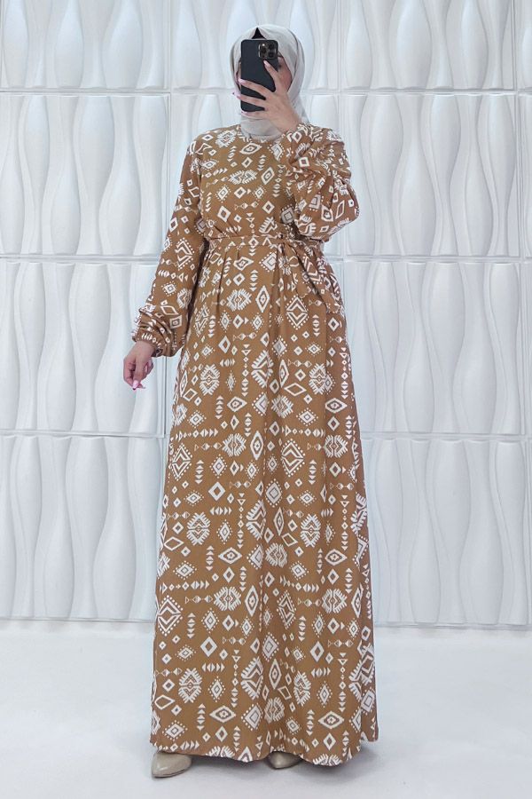 Geometri Desenli Elbise - Taş