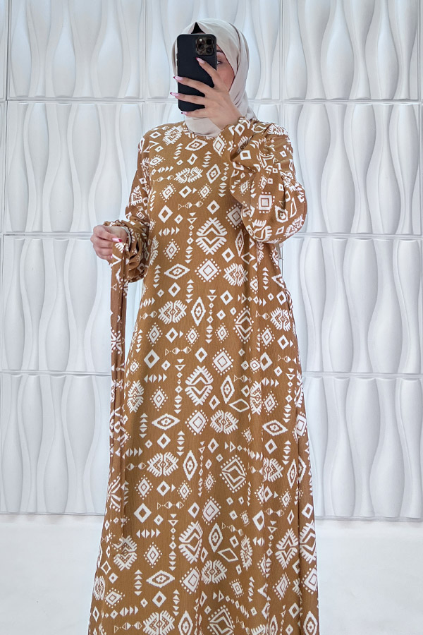 Geometri Desenli Elbise - Taş