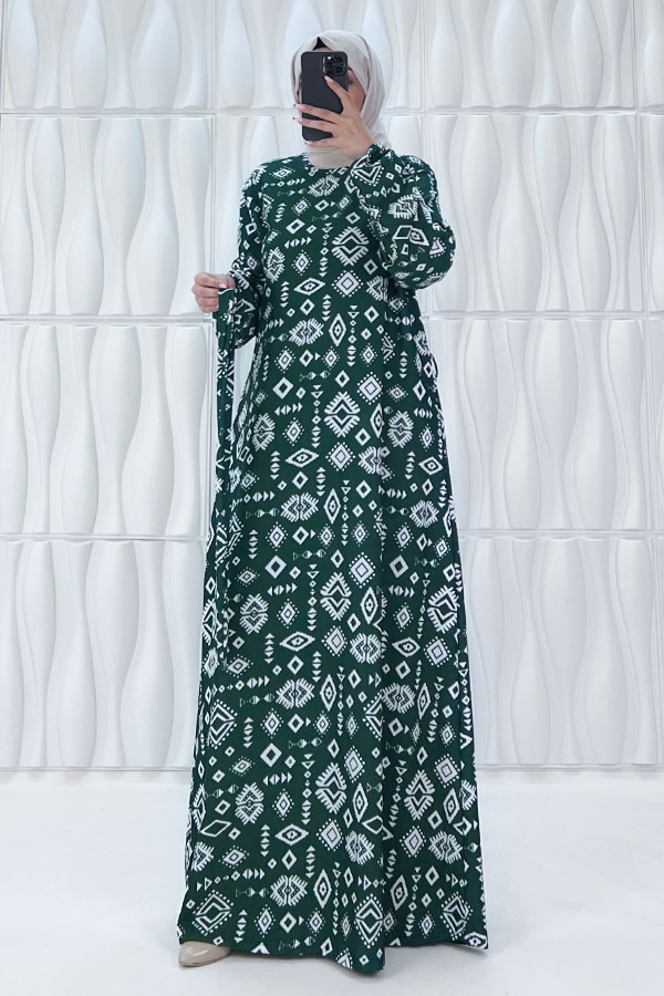 Geometri Desenli Elbise - Yeşil