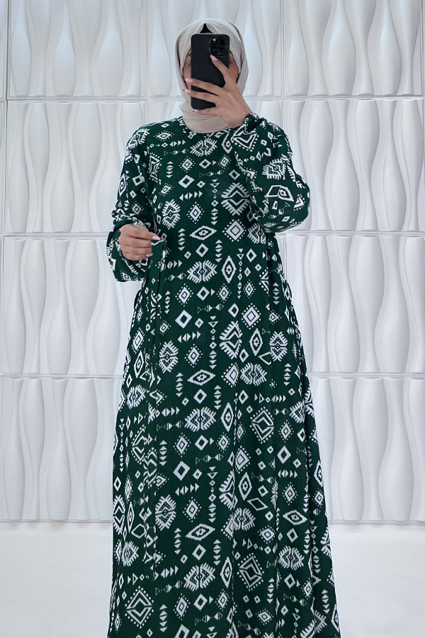 Geometri Desenli Elbise - Yeşil