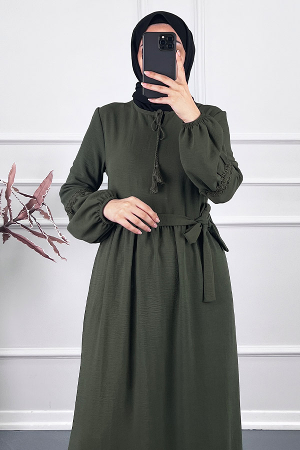 Güpür Detaylı Elbise - Haki