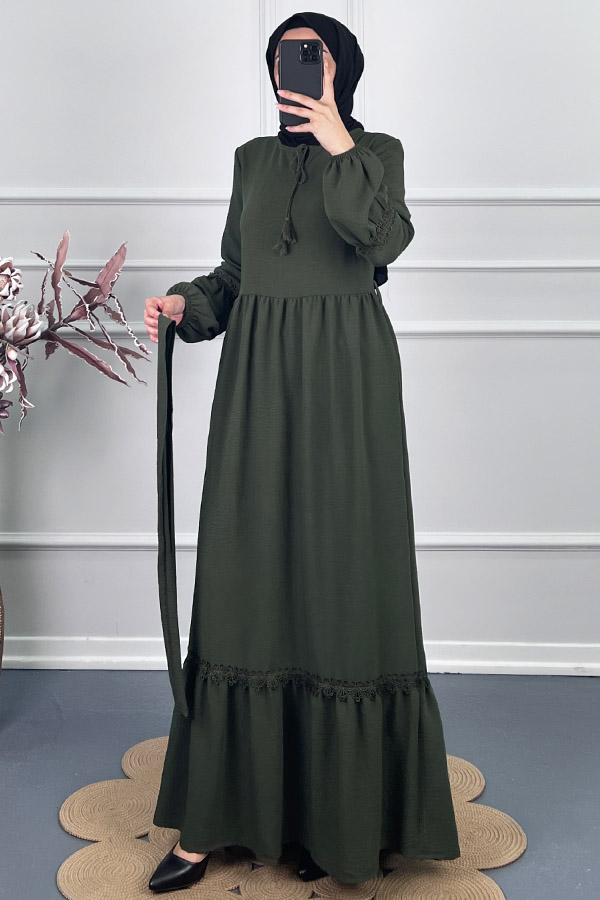 Güpür Detaylı Elbise - Haki