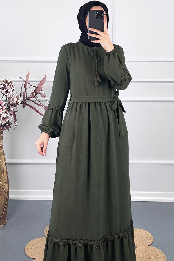 Güpür Detaylı Elbise - Haki